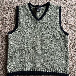 Women's V-Neck Sweater Vest in Green with Navy Trim